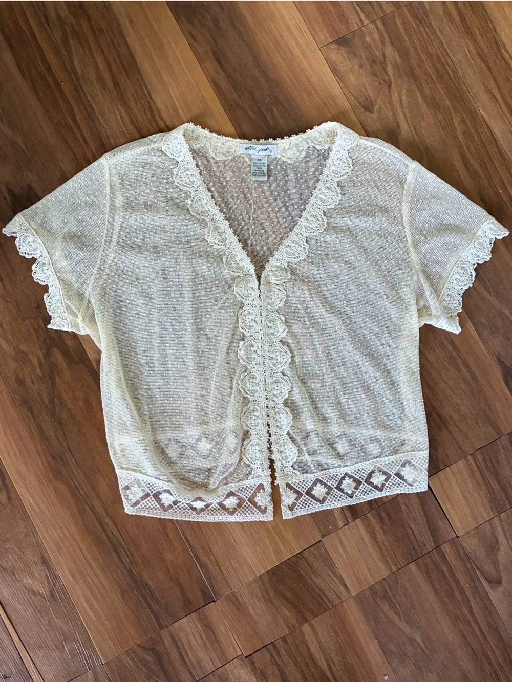 Ultra Pink Cream Sheer Lace Mesh Fairycore Festival  Cardigan Cotton Top 2X